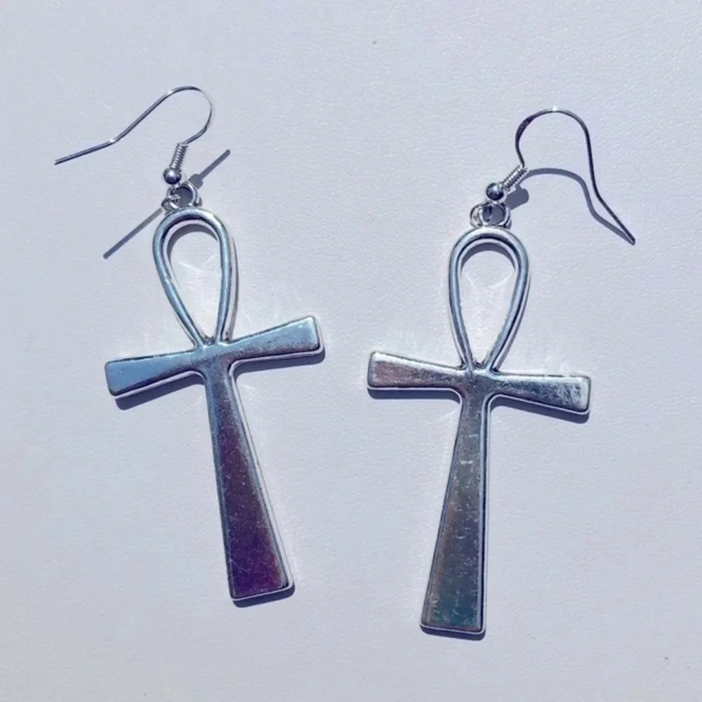 Large Silver Cross Ankh Drop Earrings NWT